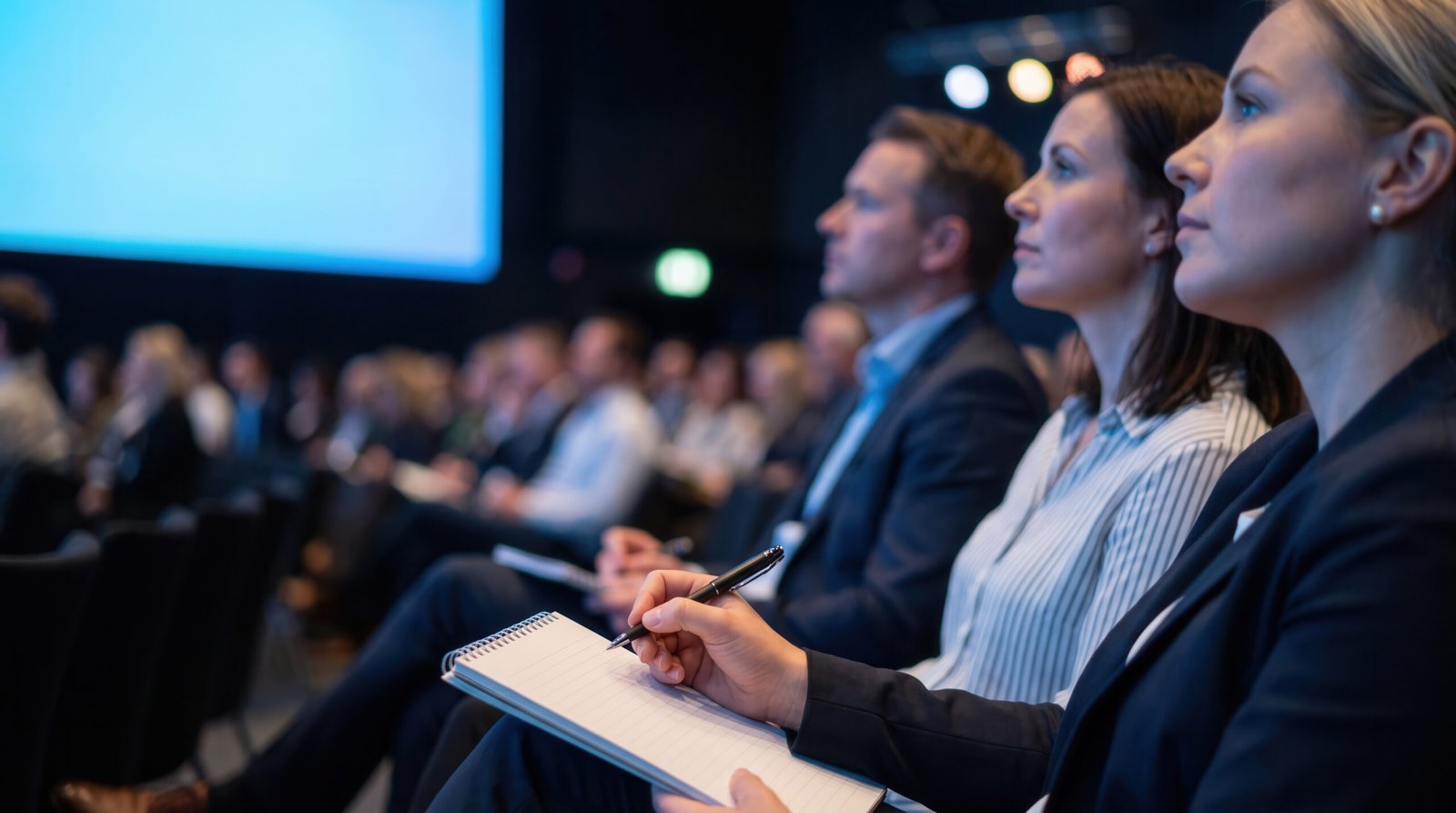 Plateia executiva atenta durante uma palestra