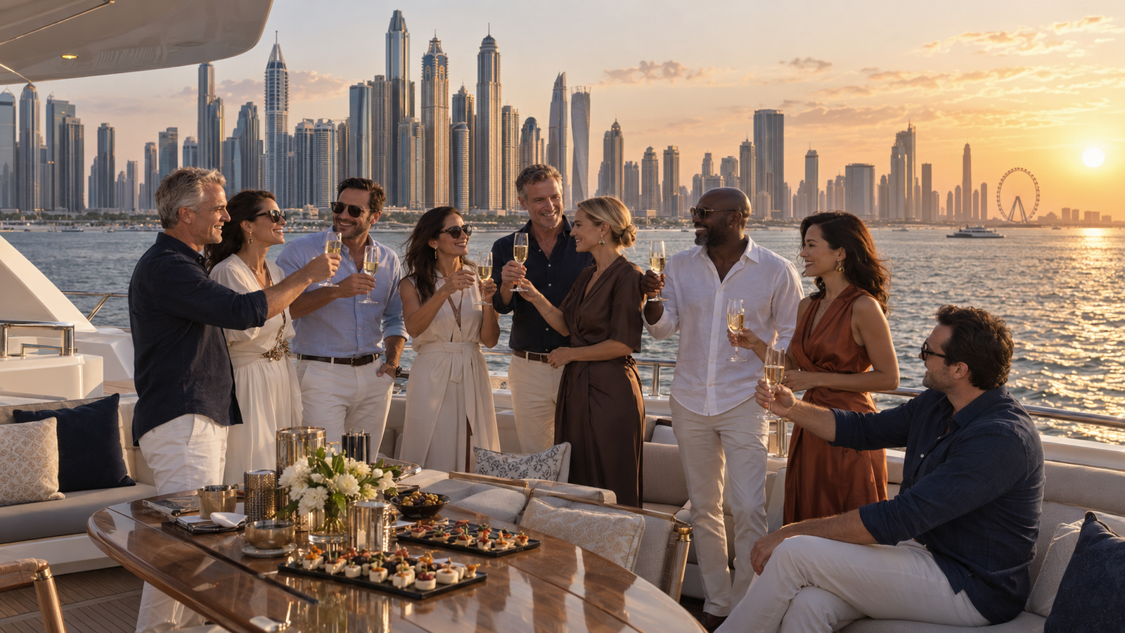 Grupo de executivos a celebrar uma viagem de incentivo num iate no Dubai