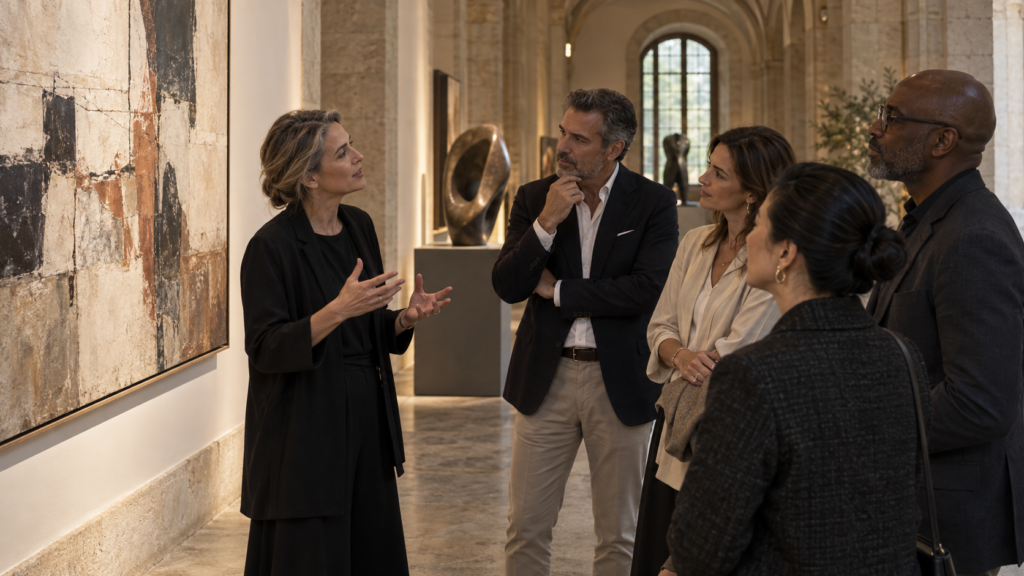 Curadora conversa com profissionais sobre uma obra de arte num espaço cultural